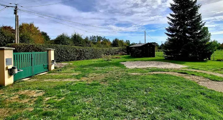 L’entrée et le parking : la pelouse, le portail vert et les grands arbres