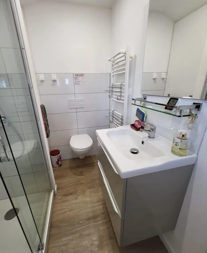 La salle d’eau : le meuble-lavabo, le miroir et les WC